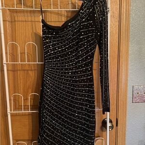 Windsor Black One-Shoulder Dress with Silver Accents